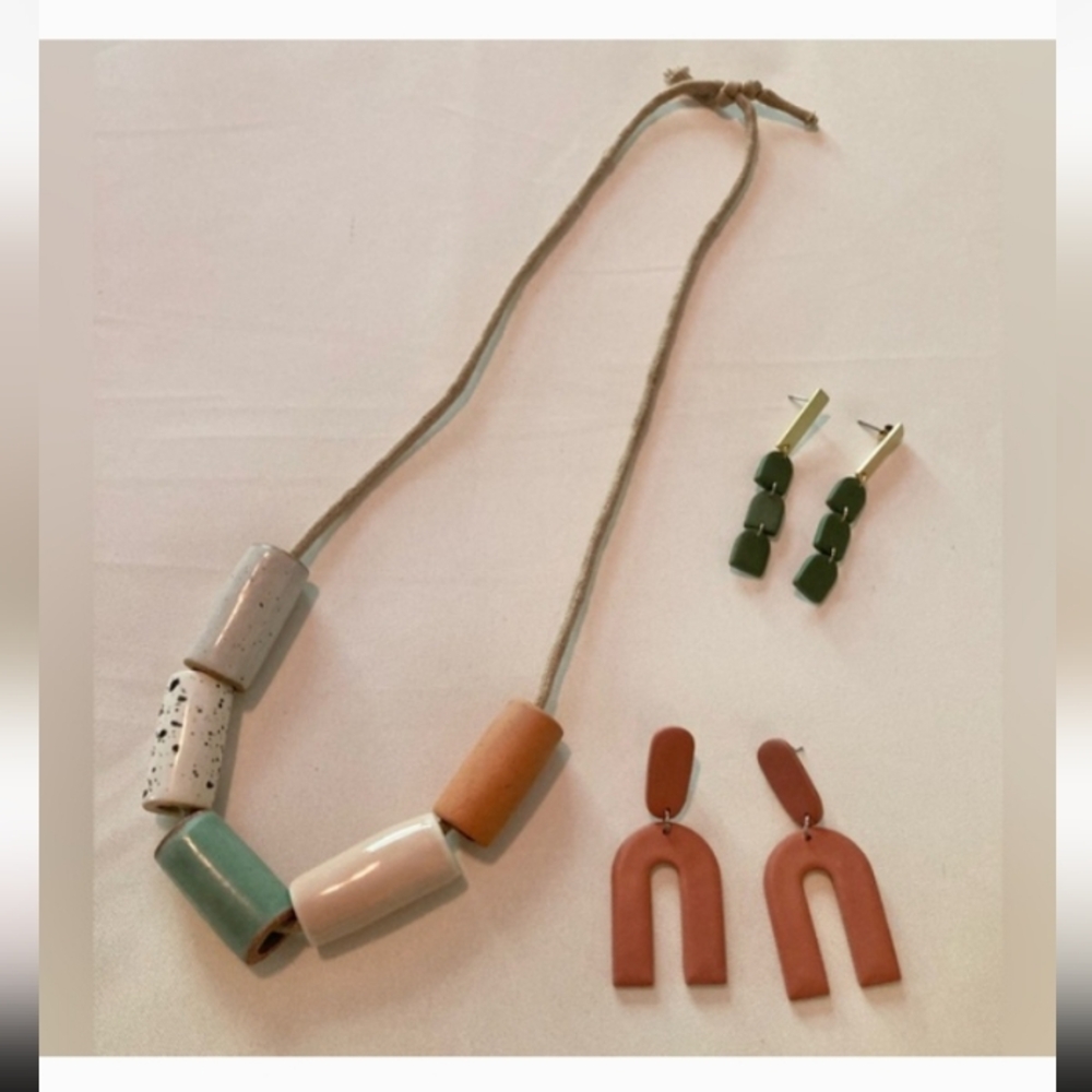 BOGO Boho Handcrafted Necklace Earring 3 Pcs Set Handmade Chunky Ceramic Wooden